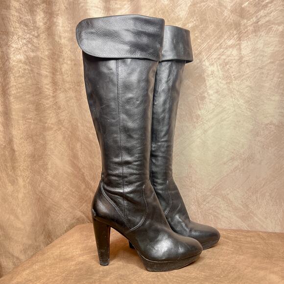 Via Spiga Leather Knee High Black High Heeled Boots Cuffed Zip Up Indie Euro Y2K - Picture 1 of 10